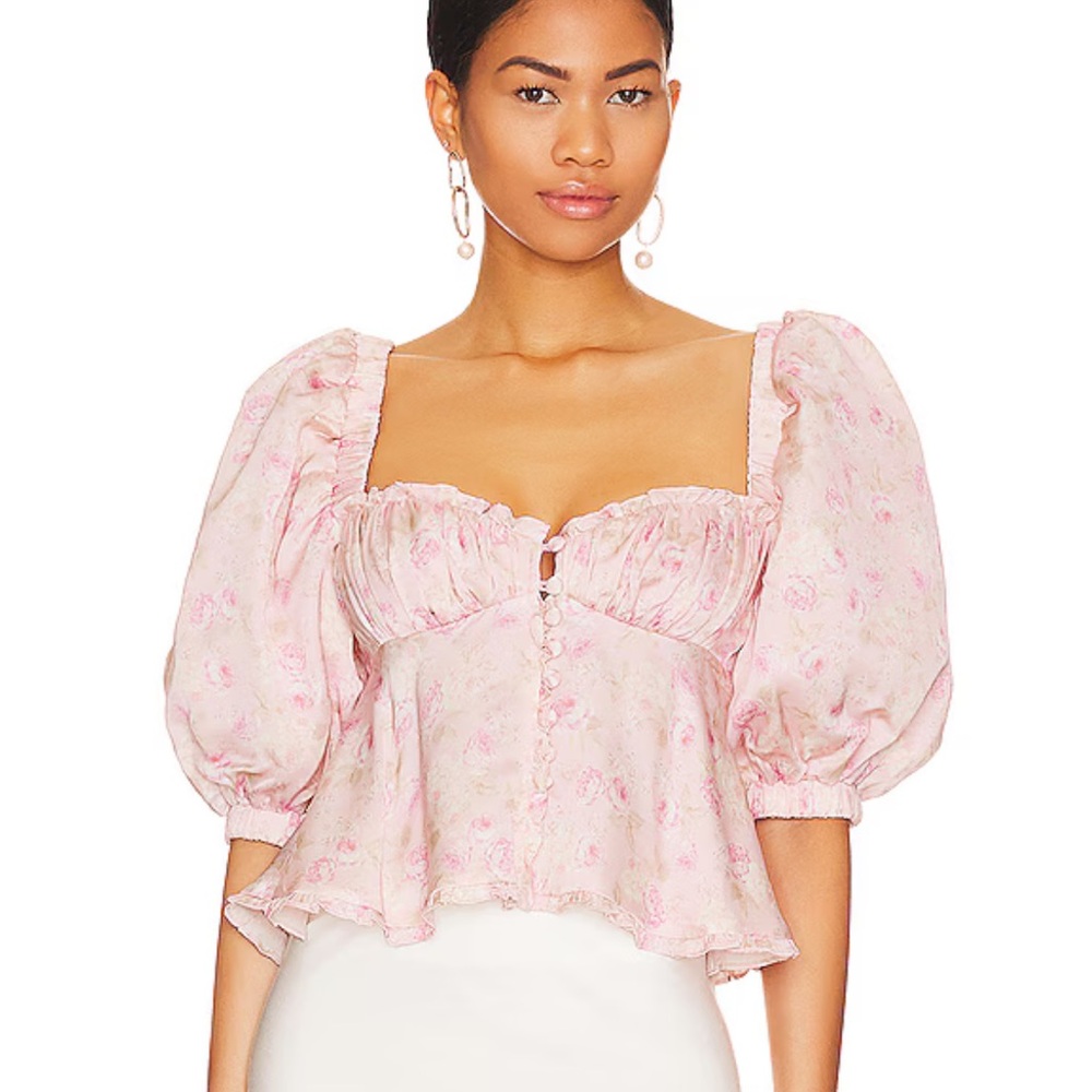 For Love And Lemons Blush Floral Puff Sleeve Blouse